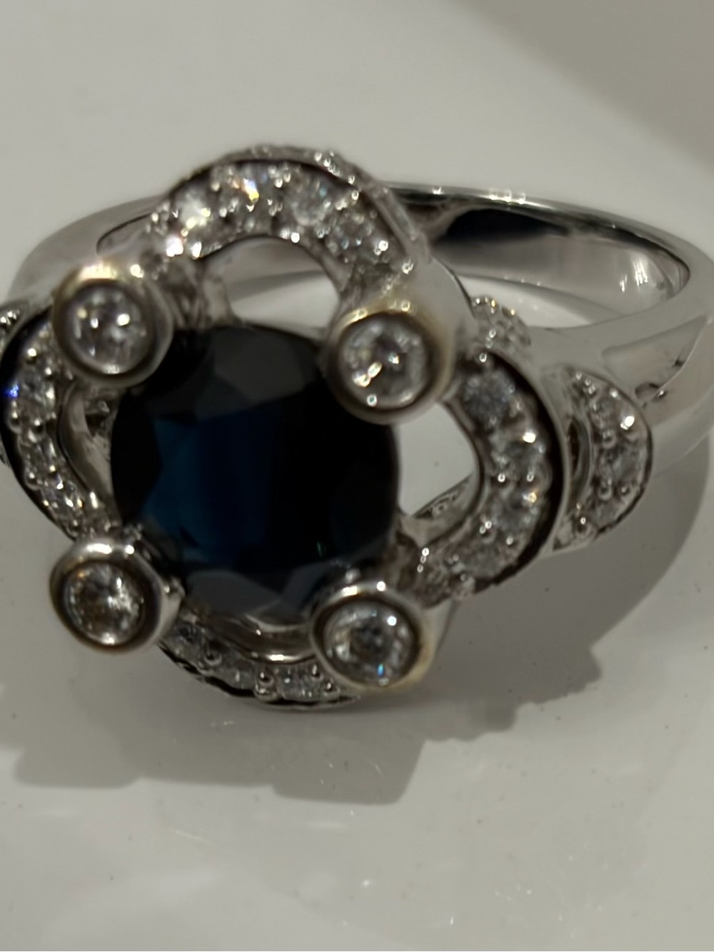 Custom Made Elegant Blue Sapphire and Diamond Halo Ring - Picture 3 of 4